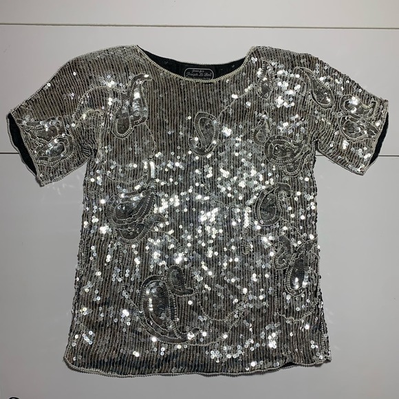 Vintage 80s Jean for Joseph Le Bon Sequin Beaded Silk Blouse Small Silver Black - Picture 2 of 11